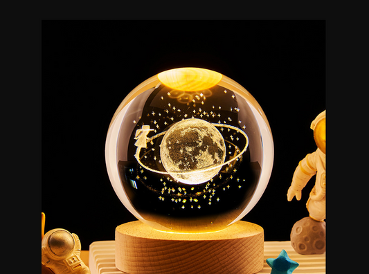 Galaxy Astronaut Crystal Ball: LED Night Light with Wooden Base